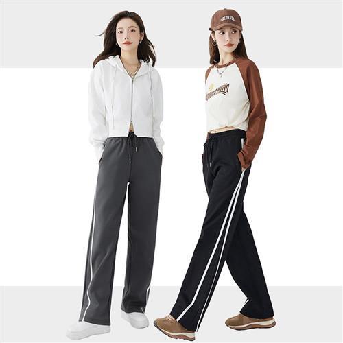 運動褲 撞色條紋運動直筒長褲DX07004-創翊韓都