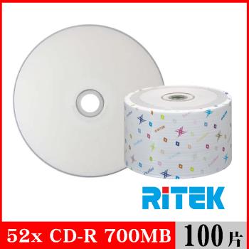 RITEK錸德 52x CD-R 700MB 珍珠白滿版可列印/100片裸裝
