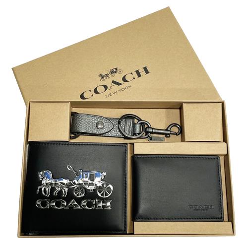 【COACH】大馬車LOGO男款8卡短夾附鑰匙圈活動證件夾禮盒(大馬車/黑)