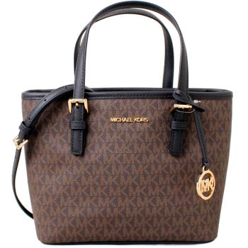【Michael Kors】JET SET TRAVEL金字LOGO滿版小款手提斜背托特包(深咖啡)