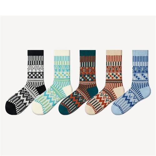 【米蘭精品】中筒襪棉襪(5雙裝)-休閒俏皮幾何個性男女襪子5色74fs39