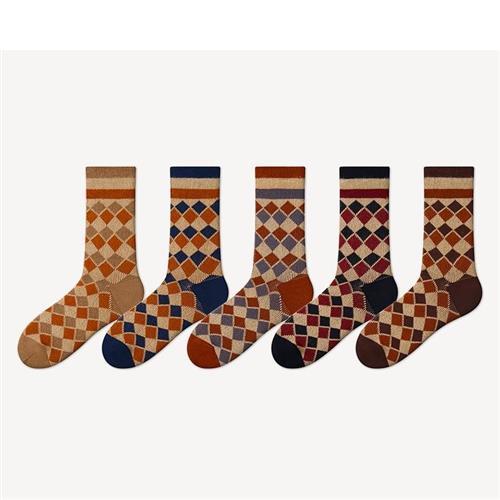 【米蘭精品】中筒襪棉襪(5雙裝)-復古撞色方格休閒男女襪子5色74fs40