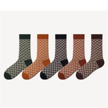 【米蘭精品】中筒襪棉襪(5雙裝)-菱格復古民族休閒男女襪子5色74fs11