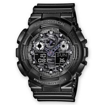 【CASIO】G-SHOCK 超人氣新叢林迷彩軍事戰魂雙顯錶-黑X白針 (GA-100CF-1A)