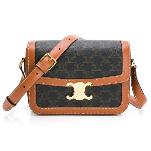 【CELINE 思琳】 Celine TRIOMPHE系列 帆布小牛皮飾邊經典釦式肩背包 (小型款) 