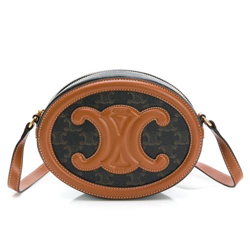 【CELINE 思琳】 帆布小牛皮CUIR TRIOMPHE OVAL橢圓手袋 (老花棕)