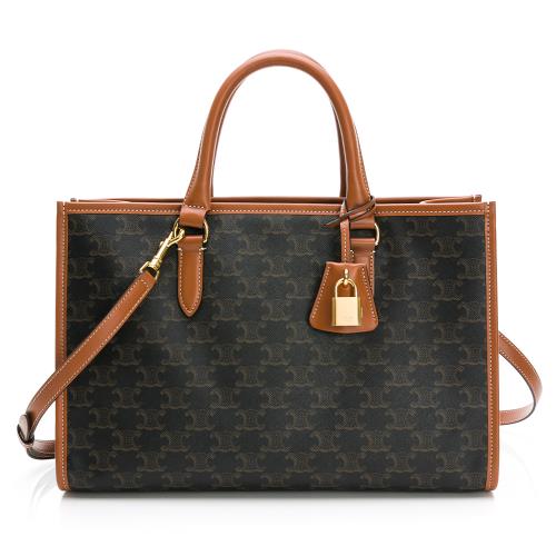 【CELINE 思琳】 TRIOMPHE帆布及小牛皮迷你型橫式CABAS手袋 (黃褐色)
