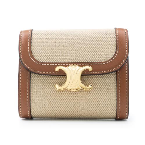 【CELINE 思琳】 CELINE布料及天然小牛皮小型翻蓋三折短夾 (原色 / 黃褐色)