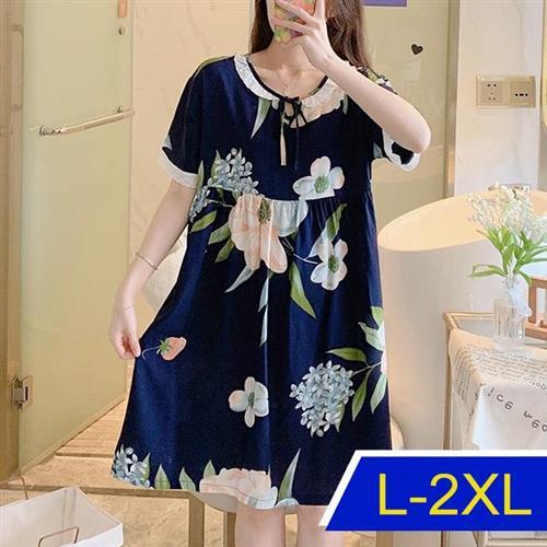 【韓國K.W.】韓妞必備進口棉綢印花洋裝(洋裝/連身裙/短袖/長裙/寬鬆/居家/休閒)