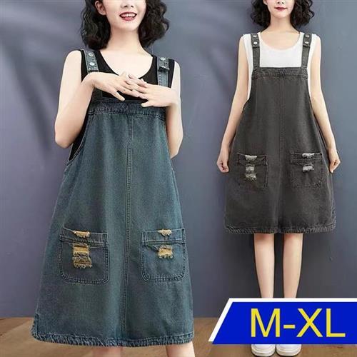 【韓國K.W.】燕語鶯聲玩美丹寧百搭裙(中大尺碼/牛仔裙/丹寧/背心裙/洋裝)