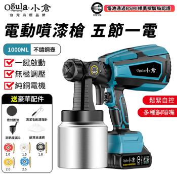 【Ogula小倉】電動噴漆槍 無線油漆塗料噴漆機 電池認證BSMI:R3E558 一鍵啟動/鬆緊自控/無極調壓【鋰電噴漆槍【五節一電】】