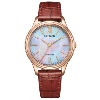 CITIZEN 星辰 LADYS 大三針羅馬光動能白蝶貝水晶女錶-34mm(EM0419-11D)