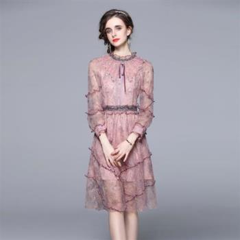 【巴黎精品】洋裝長袖連身裙-網紗蕾絲拼接小禮服女裙子a1dc21