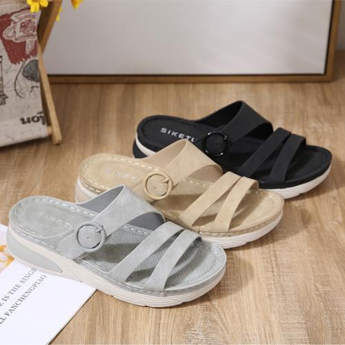  【LN】★ 舒適休閒厚底魔術貼縫線拖鞋(涼鞋/休閒/魔鬼氈/女鞋)