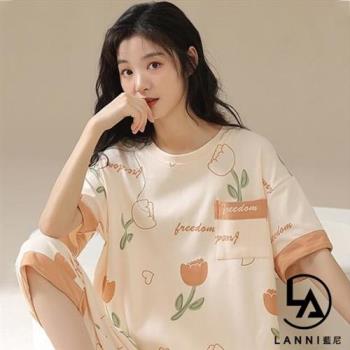 【藍尼居家】★短袖圓領印花帶胸墊居家睡衣(Bra Top/兩件式套裝/女睡衣/家居服)