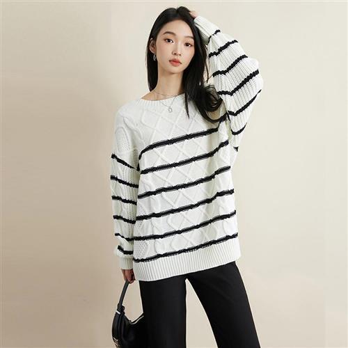針織上衣 絞花條紋長袖針織衫HDK1018-創翊韓都