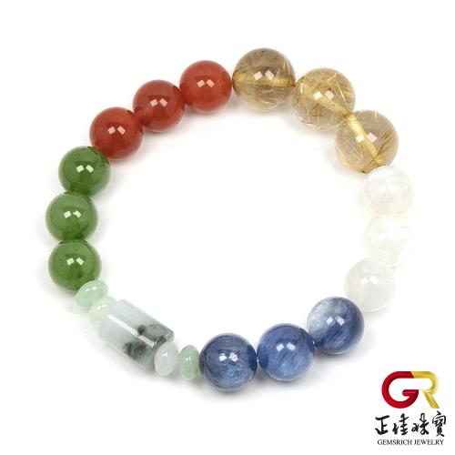 【正佳珠寶】五行水晶 藍晶石 藍月光 金髮晶 南紅 碧玉 翡翠 綜合能量五行手珠｜日本彈力繩