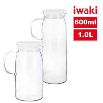 買一送一【日本iwaki】耐熱玻璃把手白蓋水壺-600ml+1L (台灣總代理原廠公司貨)