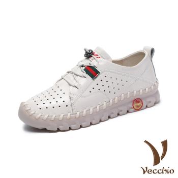 【VECCHIO】休閒鞋 厚底休閒鞋/全真皮頭層牛皮透氣縷空沖孔幾何縫線厚底休閒鞋 米