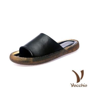【VECCHIO】拖鞋 軟底拖鞋/全真皮頭層牛皮護趾設計經典軟底拖鞋 黑