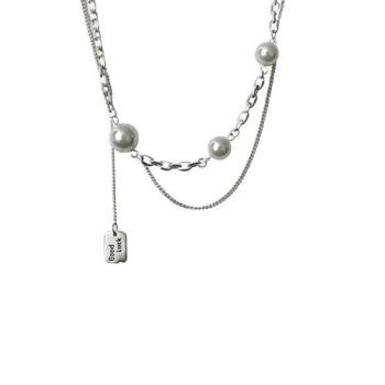 【巴黎精品】925純銀項鍊方牌鎖骨鍊-雙層拼接珍珠個性女飾品a1br12