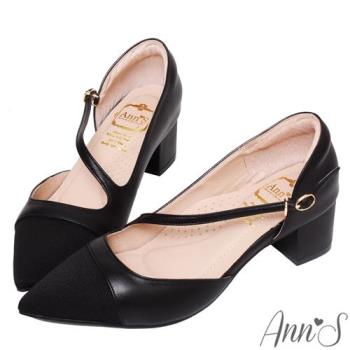 Ann’S高訂綿羊皮-小香風撞色 絕美弧線粗跟尖頭鞋5cm-黑