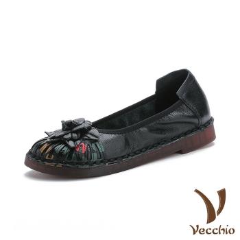 【VECCHIO】跟鞋 圓頭跟鞋/真皮頭層牛皮民族風印花立體花朵小圓頭軟底跟鞋 黑