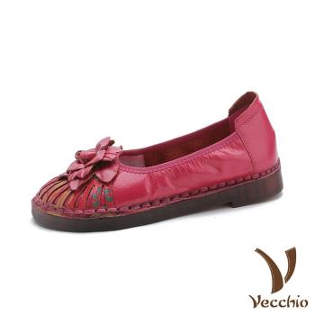 【VECCHIO】跟鞋 圓頭跟鞋/真皮頭層牛皮民族風印花立體花朵小圓頭軟底跟鞋 紅
