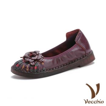 【VECCHIO】跟鞋 圓頭跟鞋/真皮頭層牛皮民族風印花立體花朵小圓頭軟底跟鞋 紫