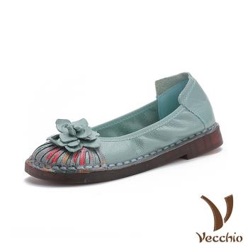 【VECCHIO】跟鞋 圓頭跟鞋/真皮頭層牛皮民族風印花立體花朵小圓頭軟底跟鞋 綠