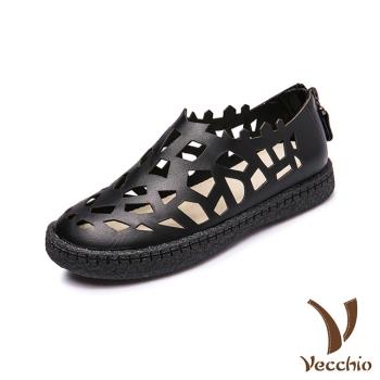 【VECCHIO】休閒鞋 平底休閒鞋/真皮頭層牛皮不規則幾何縷空舒適平底休閒鞋 黑
