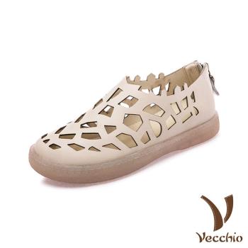 【VECCHIO】休閒鞋 平底休閒鞋/真皮頭層牛皮不規則幾何縷空舒適平底休閒鞋 米
