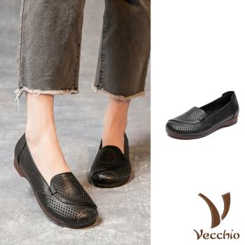 【VECCHIO】跟鞋 低跟鞋/真皮頭層牛皮透氣縷空花型洞洞圓頭舒適低跟鞋 (3款任選)