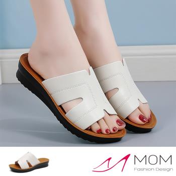 【MOM】拖鞋 厚底拖鞋/真皮時尚X車線造型坡跟厚底拖鞋 米