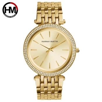 【HANNAH MARTIN】點睛品雙圈鑲鑽不鏽鋼腕錶(HM-1185-G)金x40mm