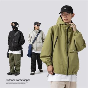 【米蘭精品】衝鋒衣防風夾克-壓膠連帽防潑水寬鬆男女外套3色74gd2
