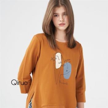 Qiruo 奇若名品 專櫃精品棕色七分袖短版女裝上衣(胸前彩繪圖案休閒旅遊女上衣1226A)