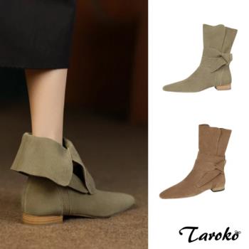 Taroko 激瘦美腿絨面尖頭拉鍊低跟短筒靴(2色可選)