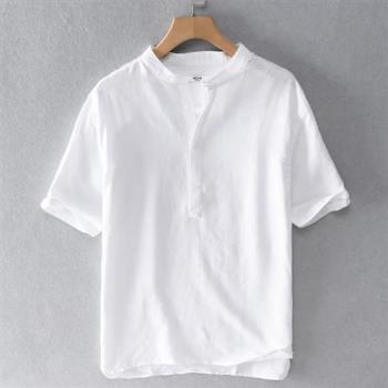 【巴黎精品】襯衫短袖上衣-休閒純色棉麻寬鬆男裝3色a1bu15