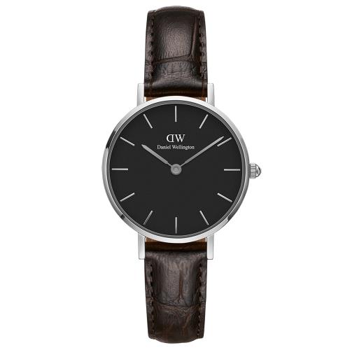 DW Daniel Wellington 時尚約克深棕色壓紋皮帶石英腕錶-銀框/28mm(DW00100238)