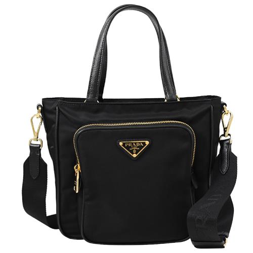 PRADA 1BG308 金屬三角LOGO尼龍寬版背帶兩用包.黑