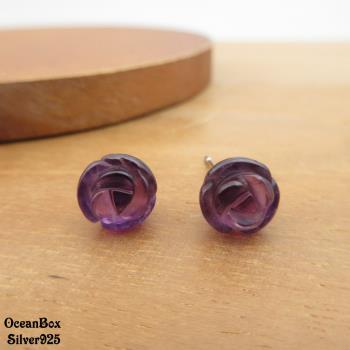 【海洋盒子】優雅漂亮紫水晶玫瑰花925純銀耳環.外鍍專櫃級正白K.貼耳耳環