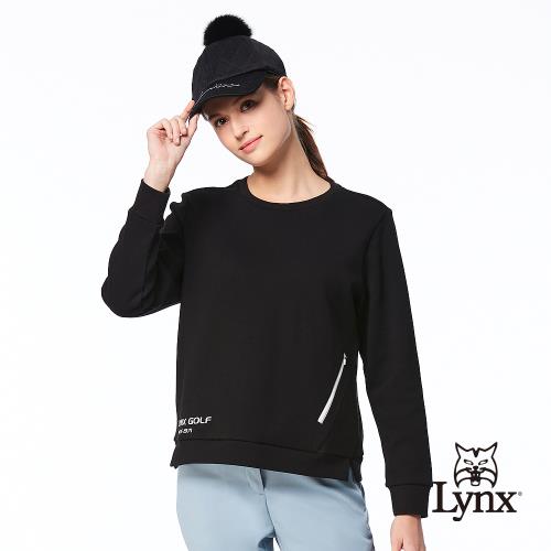 【Lynx Golf】首爾高桿風格！女款雙面組織布吸排機能拉鍊口袋下擺開杈大學T長袖圓領POLO衫/高爾夫球衫-黑色