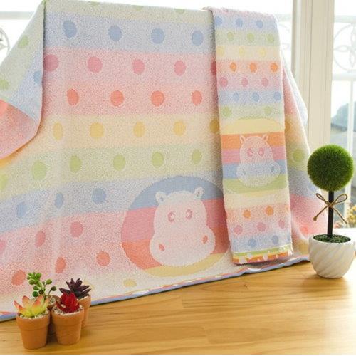 【台灣興隆毛巾】美國棉 彩虹河馬提花浴巾 2條浴巾組(贈同款大方巾1條)