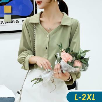 【CHACO】/預購/韓系中大碼 襯衫V領泡泡長袖寬鬆雪紡質感上衣#6699