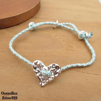 【海洋盒子】甜美可愛壓紋愛心925純銀綠繩手鍊.女用手鍊