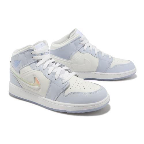 Nike 休閒鞋Air Jordan 1 Mid SE GS 女鞋大童鞋白藍AJ1 喬丹閃亮勾勾