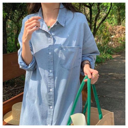 SCL 南加州丹寧 中大服飾 女裝 牛仔刷色長袖襯衫領排釦過膝中長連身裙洋裝 2色 S-XL 預購