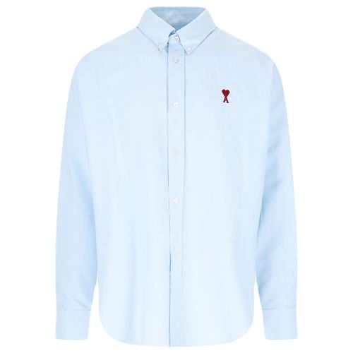 【AMI PARIS】男女同款 刺繡愛心A圖騰小LOGO 寬鬆版型長袖襯衫-天藍色(S號、M號、L號、XL號) BFUSH130 CO0031 450