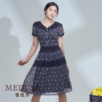 現貨【MEDUSA 曼度莎】小荷葉領刺繡網紗洋裝（M-XL）｜洋裝 連身裙 禮服 冬新品
